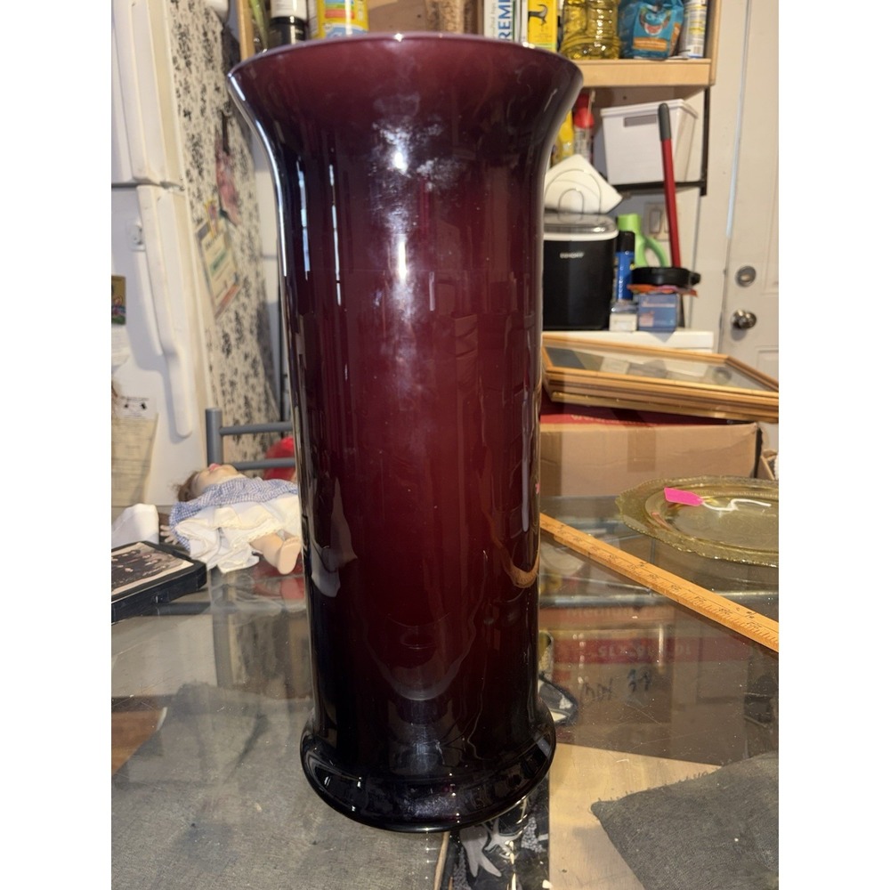 Vintage Mid Century Ruby Red Cased Glass 14" Cylinder Vase Opaque Pink Interior
